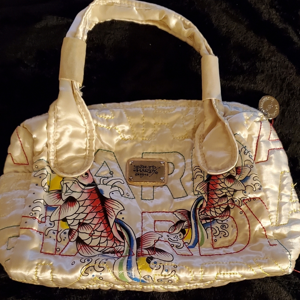 Vintage Quilted Ed Hardy Cream Shoulder Bag with Embroidered Koi Fish Design